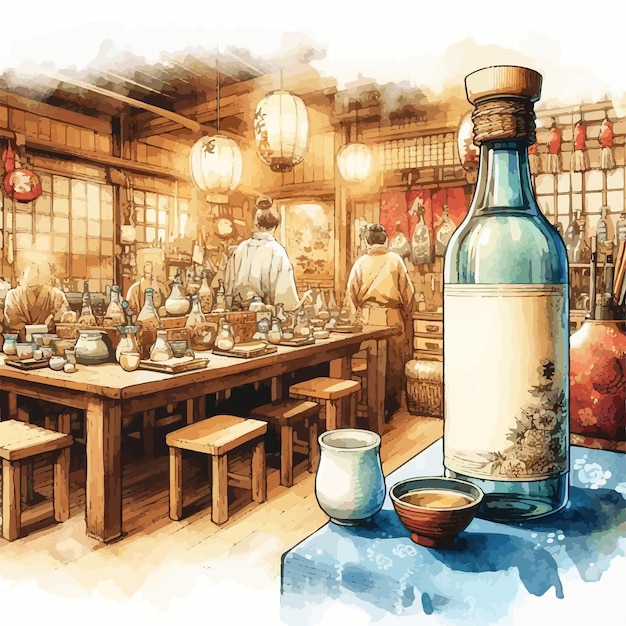 Vetor garrafa de sake tradicional em um cenário de izakaya japonês