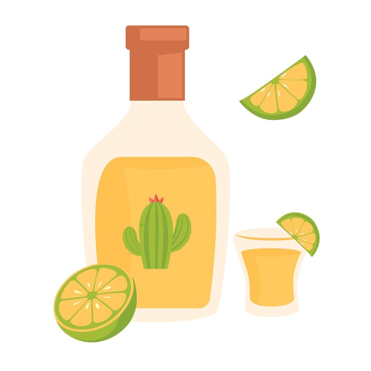 Vetor garrafa de tequila com cacto e limão ilustração vetorial