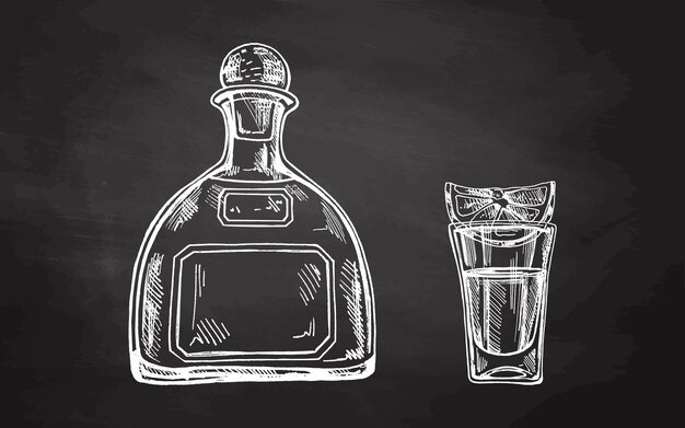 Vetor garrafa de tequila desenhada à mão e copo de tequila com uma fatia de limão no quadro.