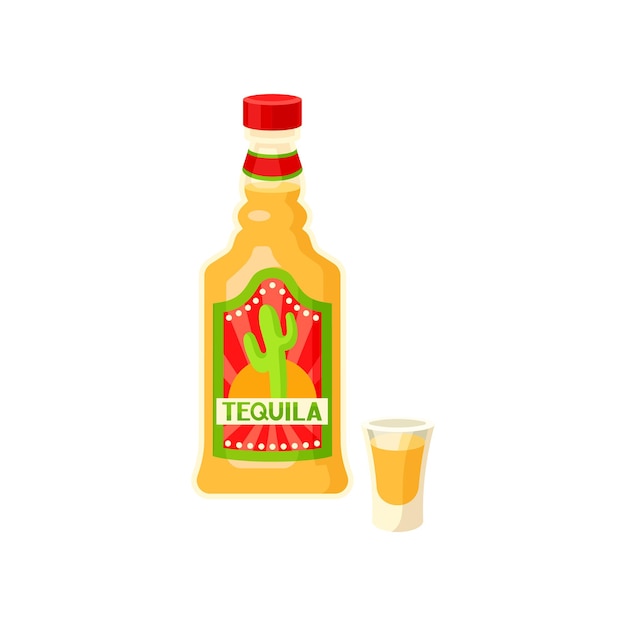Garrafa de tequila e ilustração vetorial de copo de tiro em um fundo branco