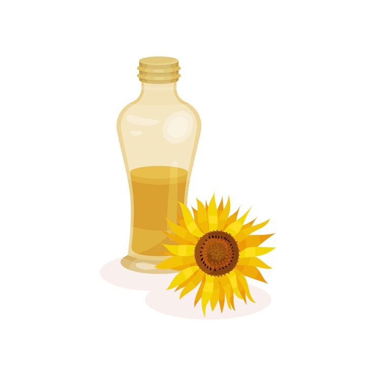 Vetor garrafa de vidro de óleo fresco e girassol ingrediente para cozinhar pratos produto natural elemento gráfico para cartaz promocional ilustração vetorial colorida em estilo plano isolada em fundo branco