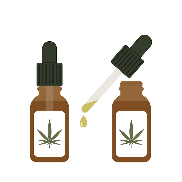 Garrafa de vidro marrom com óleo de cânhamo Conta-gotas com ilustração vetorial plana de óleo CBD Óleo de cannabis