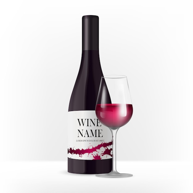 Garrafa de vinho com rótulo isolado no fundo branco. Garrafa preta, feita em estilo realista.