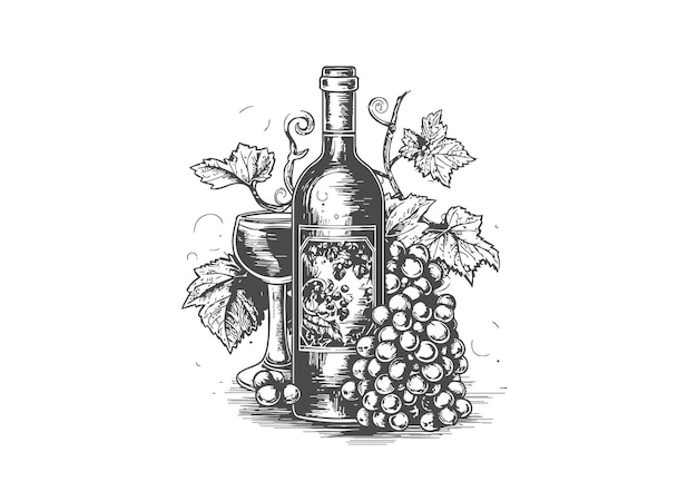 Garrafa de vinho com um copo e uvas em preto e branco Um esboço desenhado à mão destacado em um fundo branco Ilustração vetorial
