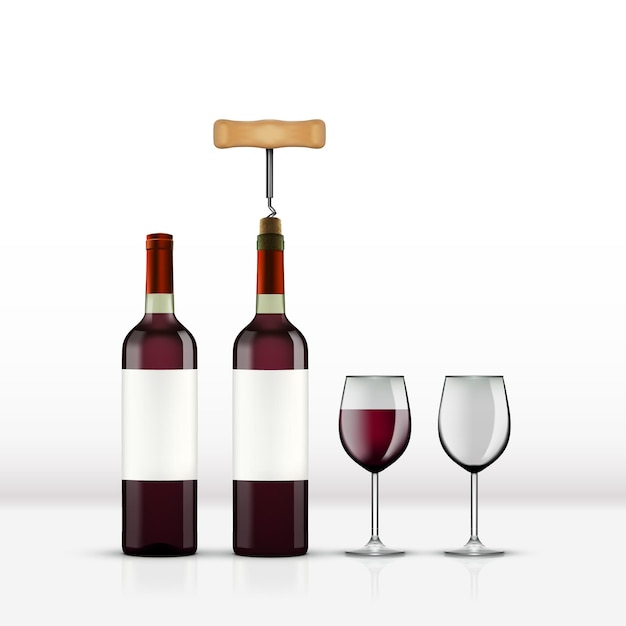 Garrafa de vinho tinto aberta realista com taça de vinho