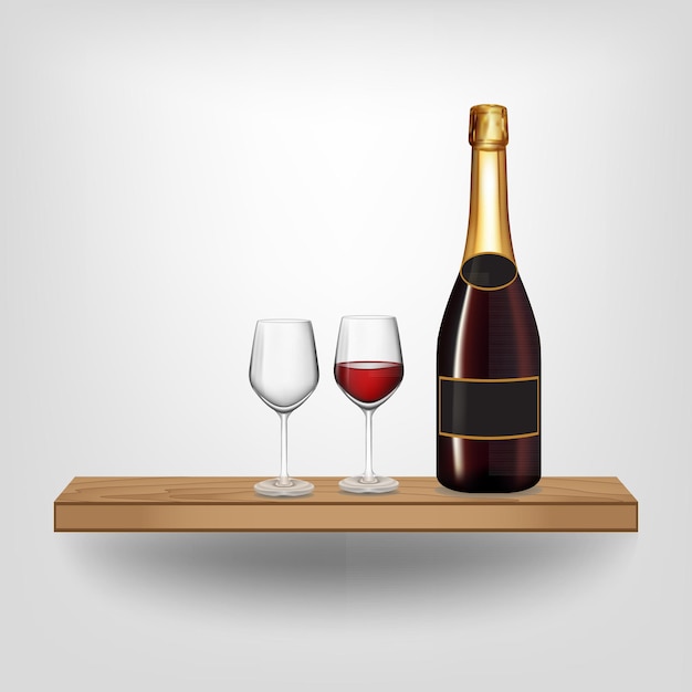 Vetor garrafa de vinho tinto e vidro na prateleira de madeira no fundo branco ilustração vetorial