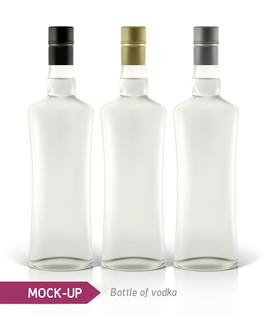 Garrafa de vodka realista ou outra garrafa de gim. sobre um fundo branco com sombra e reflexão.