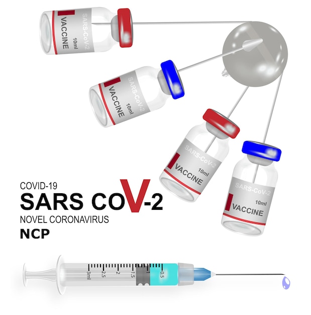 Garrafa e seringa em 3d para pôster e banners com silhueta de satélite e garrafas coloridas uma vacina contra o coronavírus covid19 closeup isolado em um fundo branco