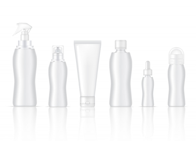 Garrafa em branco realistic skincare spray de produtos, desodorante, sabonete de espuma, soros conta-gotas, loção de bomba e embalagem de tubo de limpeza