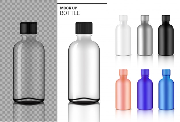 Garrafa Mock up Realistic transparente branco, preto e ampola de vidro ou conta-gotas de plástico Embalagem