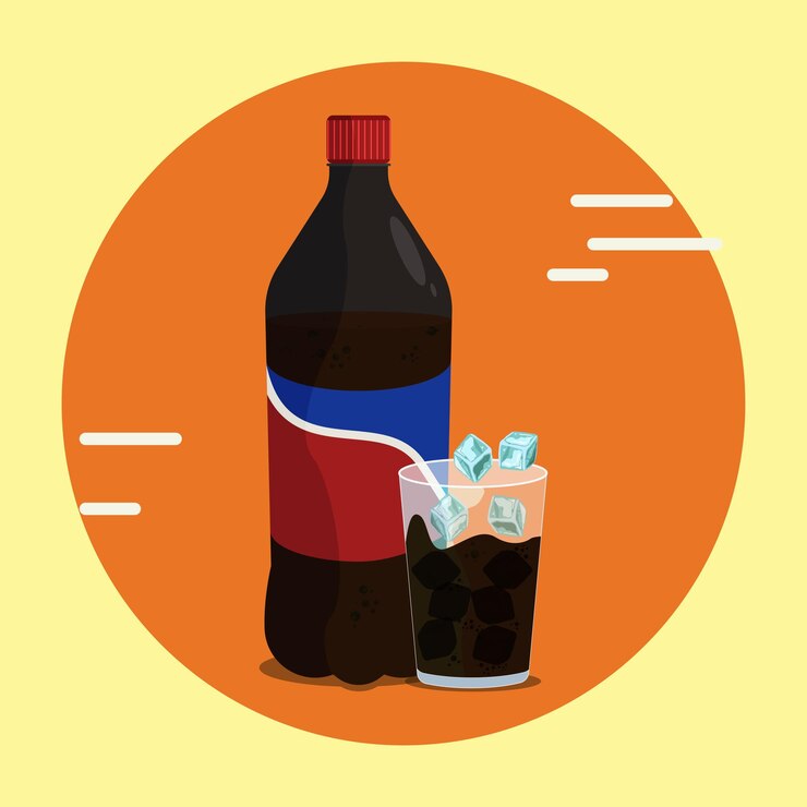 Vetor garrafa pet de cola e no copo com ilustração vetorial de cubos de gelo