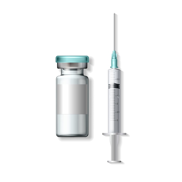 Vetor garrafa realista e seringa coronavírus vacina botox enchimento ácido hialurônico closeup
