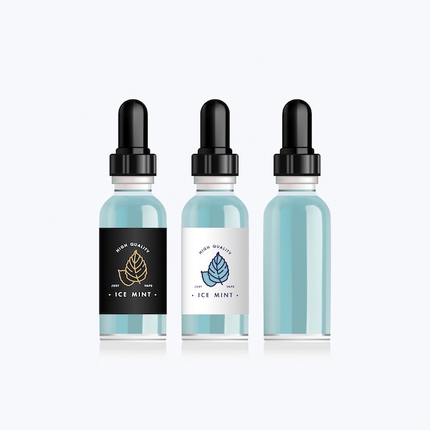 Garrafa realista simulada com sabores baunilha e amêndoa para um cigarro eletrônico. Frasco conta-gotas com design branco ou preto etiquetas. ilustração.
