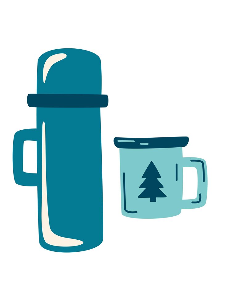 Vetor garrafa térmica de camping e caneca esmaltada. conjunto de viagem com garrafa térmica. leve café ou chá. bebida de aquecimento tradicional de inverno ou acampamento. caminhadas ícones de garrafa de chá ou bebida quente. ilustração em vetor plana.