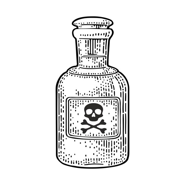 Vetor garrafa vintage com tóxico crânio e ossos cruzados na etiqueta gravura vetorial