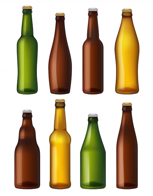 Garrafas de cerveja em branco. recipientes de vidro colorido, recipientes para embarcações marrons e leves e cerveja verde. garrafas de ilustrações realistas