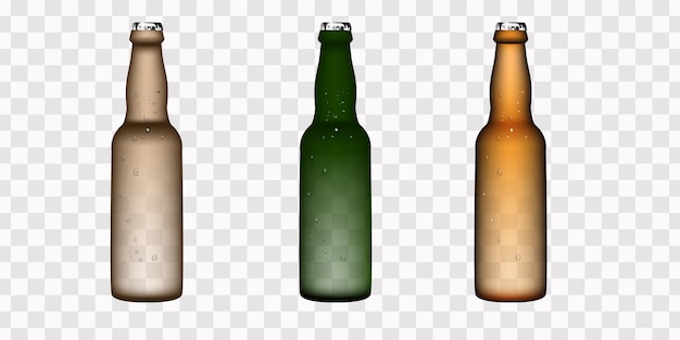 Garrafas de cerveja realistas em cores diferentes em um fundo transparente