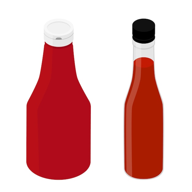 Vetor garrafas de ketchup de tomate e molho de pimenta doce quente isoladas em fundo branco vector de visão isométrica