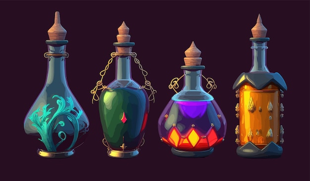 Garrafas de poção com frascos de vidro de desenho animado de elixir mágico Um belo modelo para o jogo Ilustração plana dos desenhos animados isolada no vetor de fundo