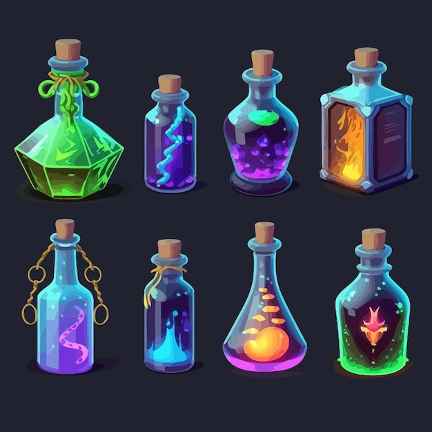 Garrafas de poção mágica de elixir, frascos de vidro fino com líquido brilhante colorido Isolado na ilustração vetorial de fundo