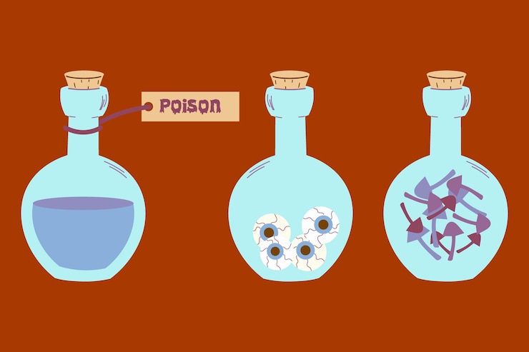 Vetor garrafas de poção vetorial exibem variedade de líquidos diferentes conteúdos decorações de halloween poção de bruxa