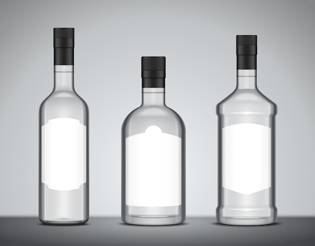 Garrafas de vidro de bebidas alcoólicas vetoriais com rótulos brancos em branco