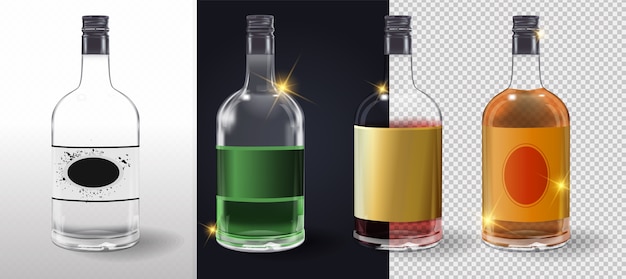 Garrafas de vidro ou ícones de vidro em fundo transparente. garrafa de vinagre de vinho de vidro com tampa de plástico e rótulo em branco. ilustração. coleção de garrafas de vidro