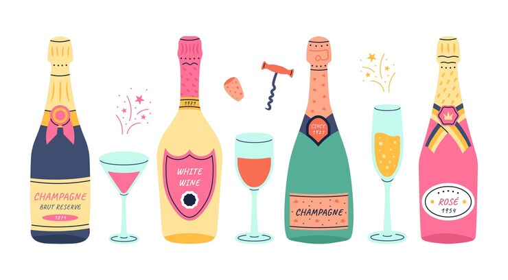 Vetor garrafas de vinho com copos doodle champanhe e prosecco garrafas de vidro vintage de férias de vinho espumante branco e tinto e copos de casamento vector set