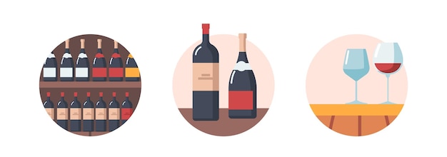 Garrafas de vinho e copos de vinho na prateleira da mesa com bebidas alcoólicas isolados ícones redondos no fundo branco degustação de bebidas bar degustação alco bebidas variedade cartoon ilustração vetorial