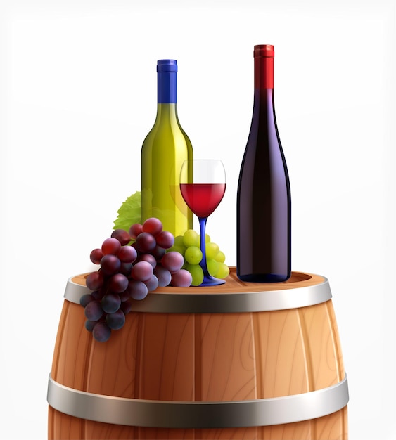 Garrafas de vinho em barril de madeira com uvas