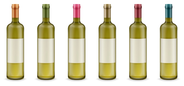 Garrafas de vinho realistas com rótulo em conjunto de cores diferentes.