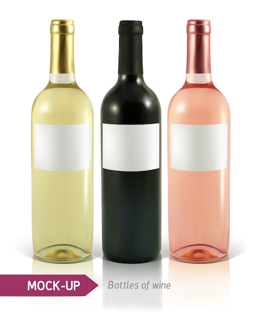 garrafas de vinho realistas em um fundo branco com reflexo e sombra