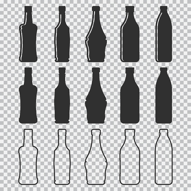 Vetor garrafas vector conjunto de ícones de silhuetas negras isolado em um fundo transparente