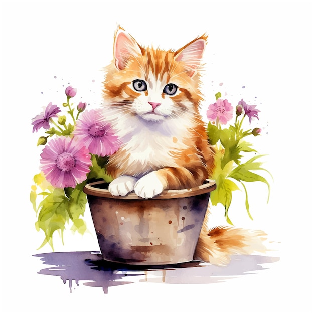 Vetor gatinho bonito dentro de um vaso com rosas a aquarela