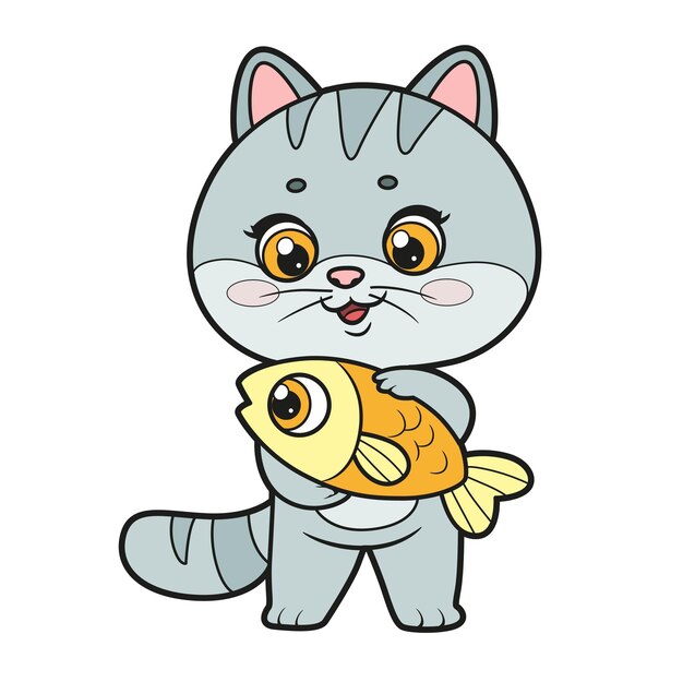 Gatinho bonito dos desenhos animados com variação de cor de animal de estimação de peixe para página de coloração em um fundo branco