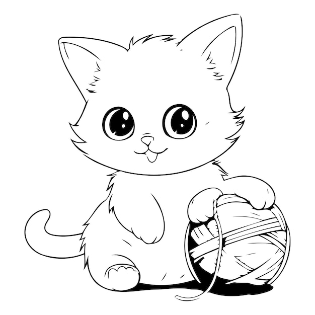 Vetor gatinho branco bonito brincando com uma bola de fio ilustração vetorial