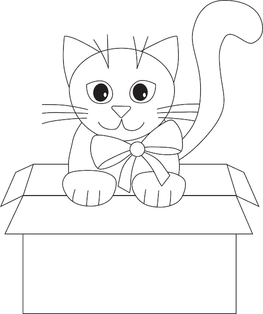 Gatinho com um laço em uma caixa, livro de colorir infantil.