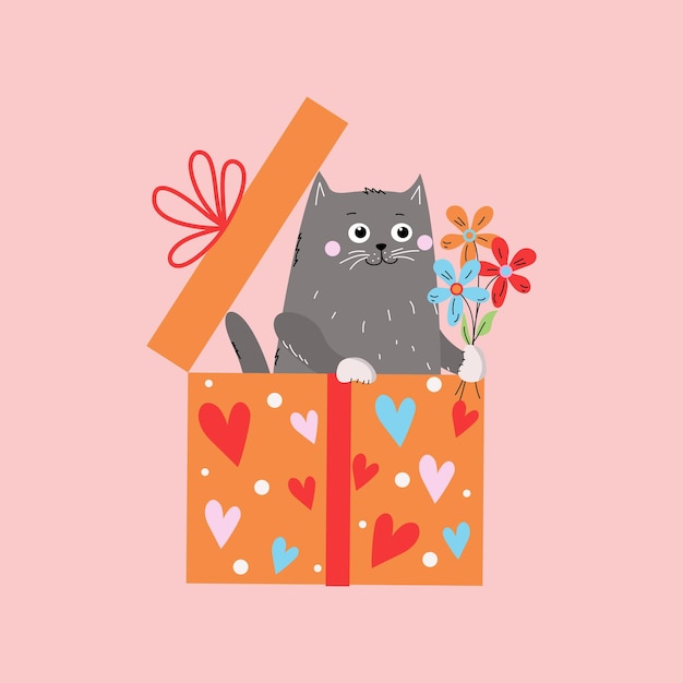Vetor gatinho de desenho animado engraçado com flores em uma caixa de presentes corações cartão de saudação dia dos namorados aniversário