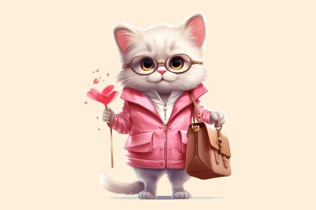 Gatinho de desenho animado rosa com óculos e com uma ilustração vetorial de bolsa rosa