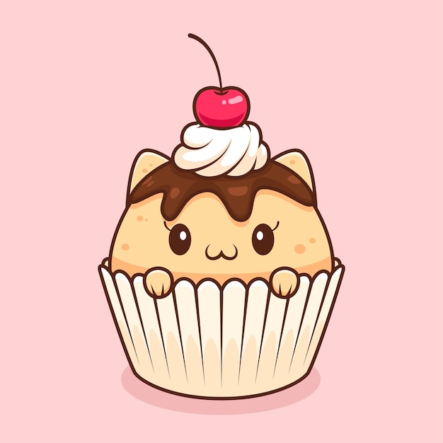 gato fofo com cupcake e personagem de desenho animado kawaii 1846687 Vetor  no Vecteezy