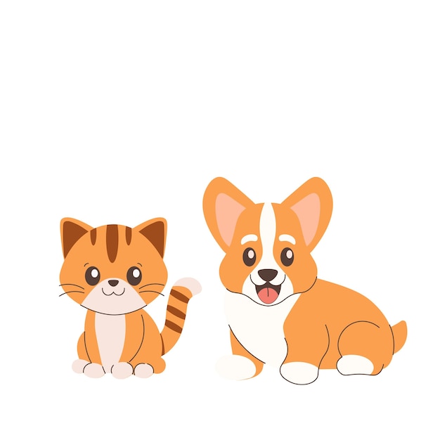 Gatinho e cão corgi e gatinho Ilustração vetorial isolada em fundo branco