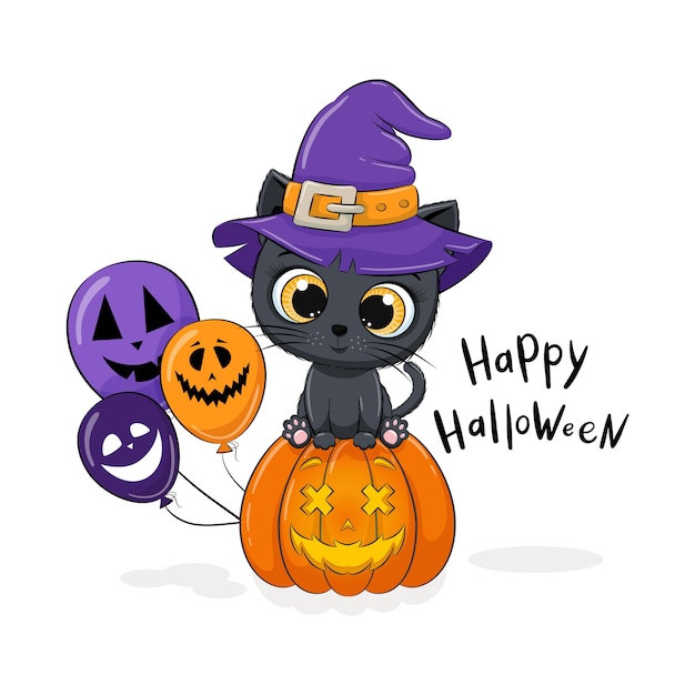 Gatinho fofo com chapéu, abóbora e balão. Ilustração de feliz dia das bruxas.