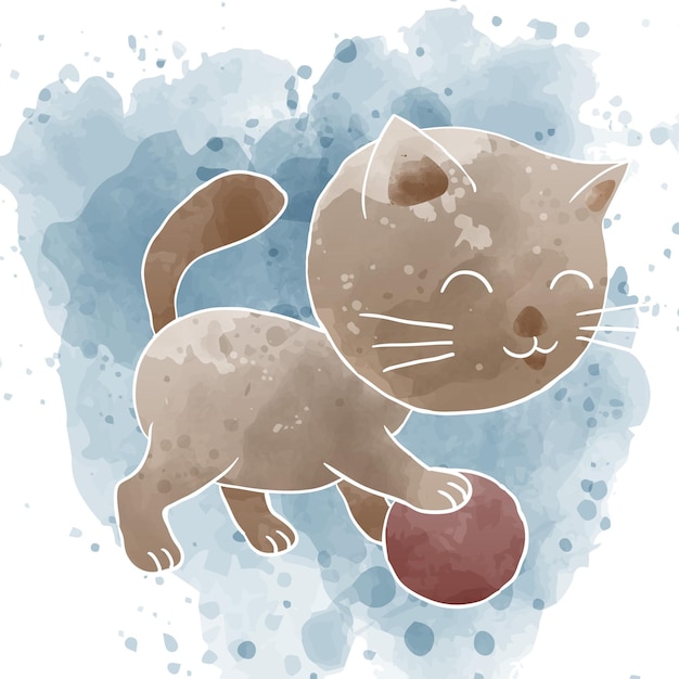 Vetor gatinho fofo gatinho jogando bola artístico estilo de arte em aquarela ilustração
