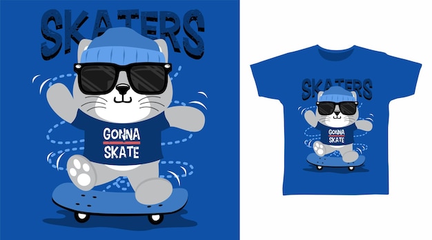 Vetor gatinho joga design de conceito de camiseta de desenho animado de skate