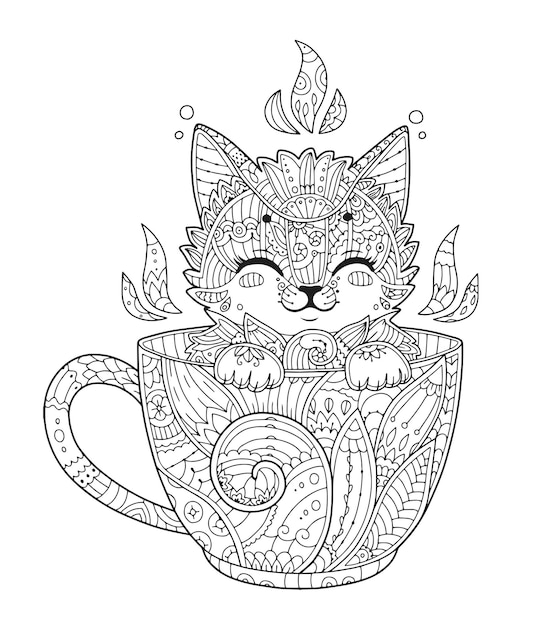 Gatinho no copo Página para colorir anti-stress adulto com gato em estilo zen Logotipo de tatuagem de impressão vetorial
