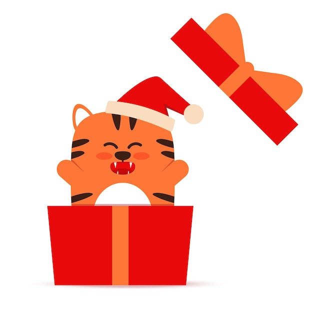 Gatinho tigre laranja pequeno bonito em um estilo simples. o símbolo do ano novo chinês de 2022. animal com uma tampa de natal em uma caixa para presente. para banner, decoração de berçário. ilustração vetorial