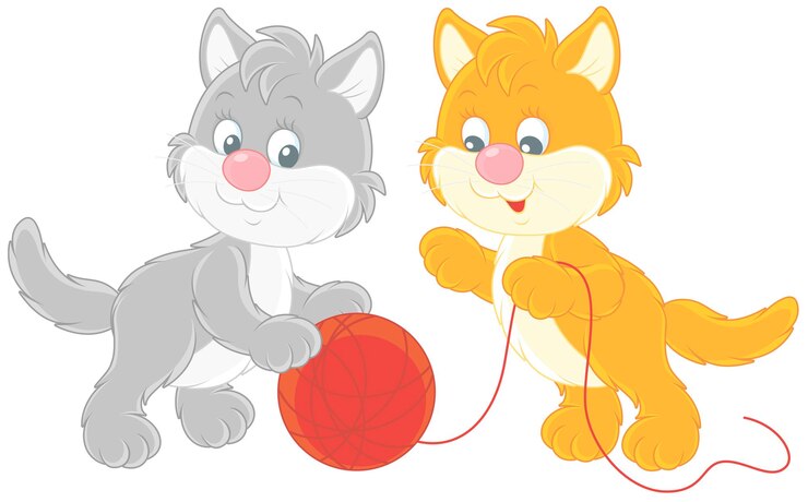 Vetor gatinhos brincalhões brincando com um fio vermelho