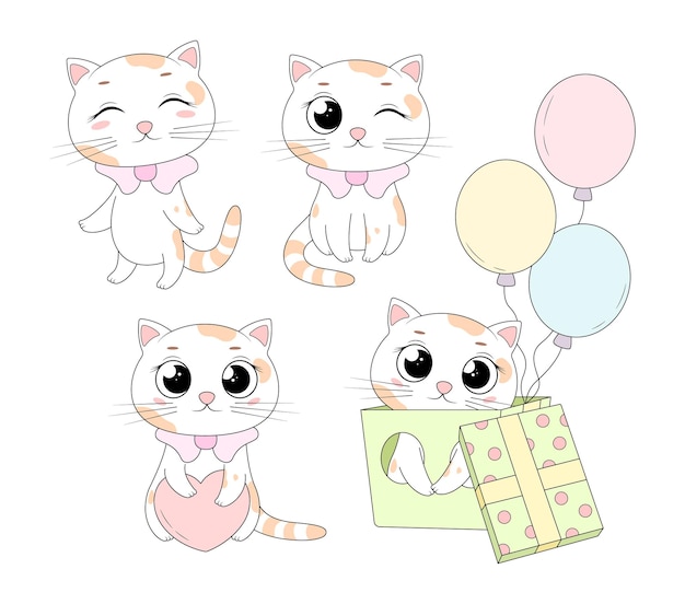 Gatinhos de desenho animado bonitos com balões e uma caixa de presente perfeita para uma celebração de aniversário