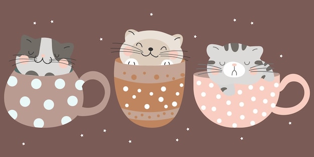 Gatinhos engraçados bonitos em xícaras de chá estampadas doodle conjunto de ilustração clip-art impressão infantil