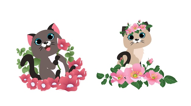 Gatinhos fofos com flor rosa floral